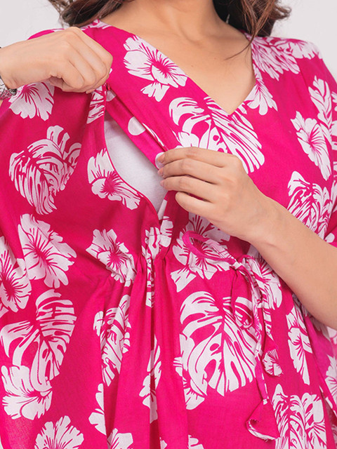 CELEBRAVO Floral Printed V-Neck Pure Cotton A-Line Maternity Kaftan With Trouser - Image 2