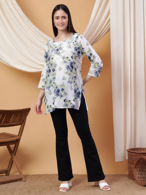 Poshak Chikan Studio Floral Printed Chikankari Pure Cotton Chikankari Kurti
