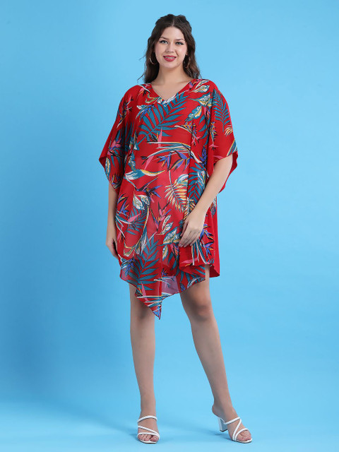 Qurvii Tropical Print Kimono Sleeve Georgette Kaftan Dress