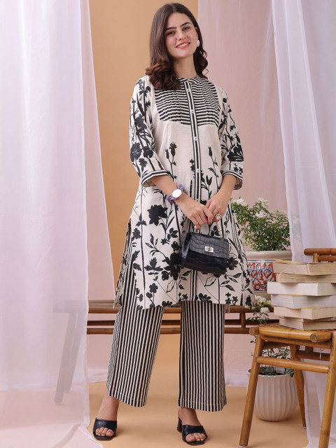 KALINI Printed Mandarin Collar Neck Tunic With Trousers Co-Ords