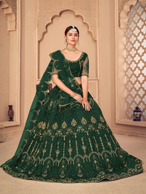KALINI Embroidered Thread Work Semi-Stitched Lehenga & Unstitched Blouse With Dupatta