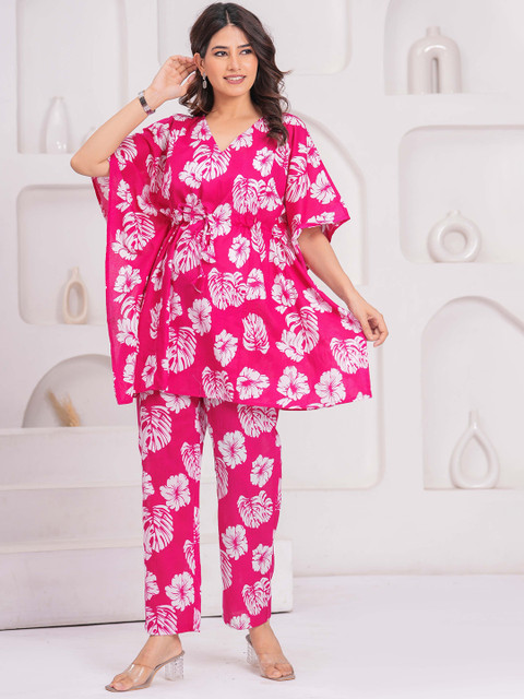 CELEBRAVO Floral Printed V-Neck Pure Cotton A-Line Maternity Kaftan With Trouser - Image 4