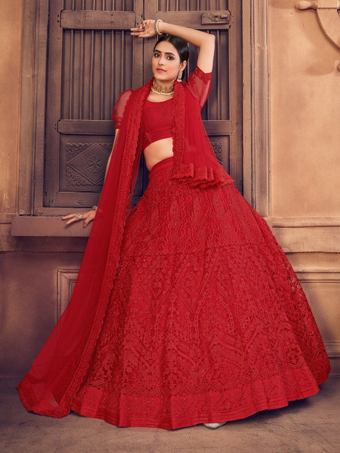 KALINI Embroidered Thread Work Semi-Stitched Lehenga & Unstitched Blouse With Dupatta