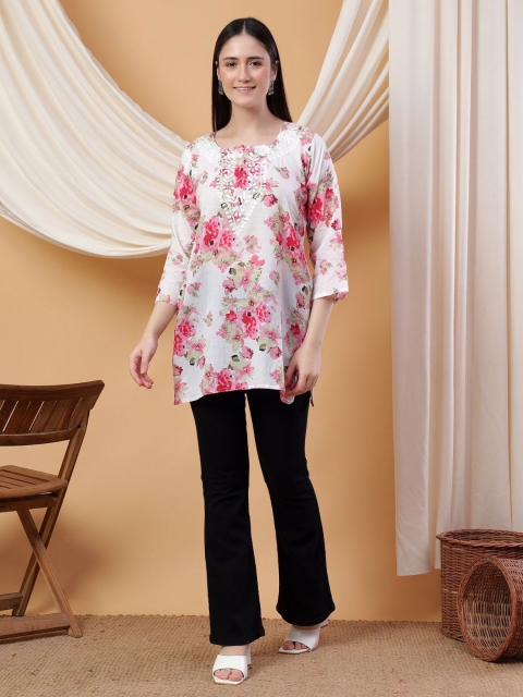 Poshak Chikan Studio Women Floral Printed Pure Cotton Chikankari Kurti