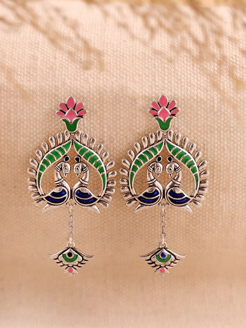 Voylla Silver-Plated Peacock Shaped Oxidised Drop Earrings