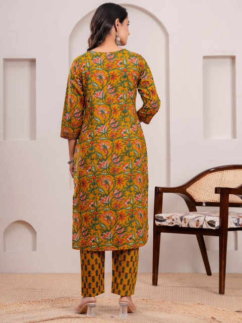 RANI PRINTS Floral Printed V-Neck Pure Cotton Straight Kurta With Trousers & Dupatta - Image 4