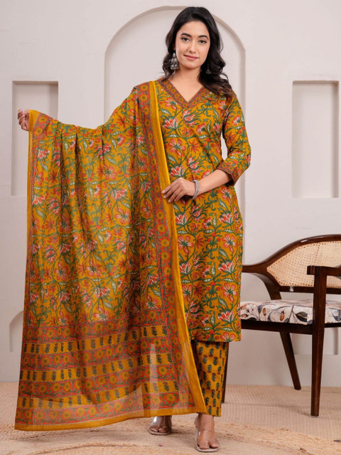 RANI PRINTS Floral Printed V-Neck Pure Cotton Straight Kurta With Trousers & Dupatta