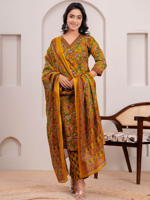 RANI PRINTS Floral Printed V-Neck Pure Cotton Straight Kurta With Trousers & Dupatta - Image 5