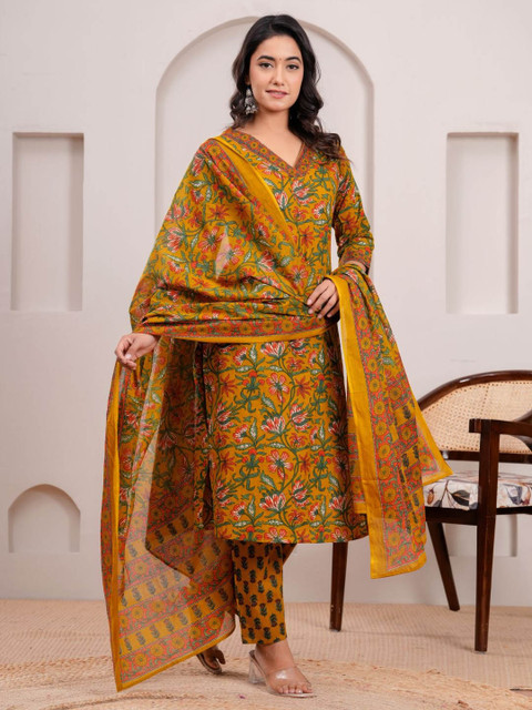 RANI PRINTS Floral Printed V-Neck Pure Cotton Straight Kurta With Trousers & Dupatta - Image 3