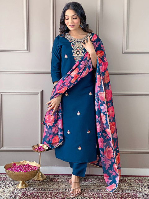 KALINI Women Floral Embroidered Regular Kurta with Trousers & With Dupatta