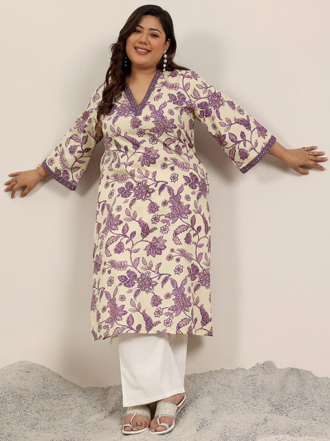 EXTRA LOVE BY LIBAS Floral Printed V-Neck Sequinned Straight Plus Size Kurta