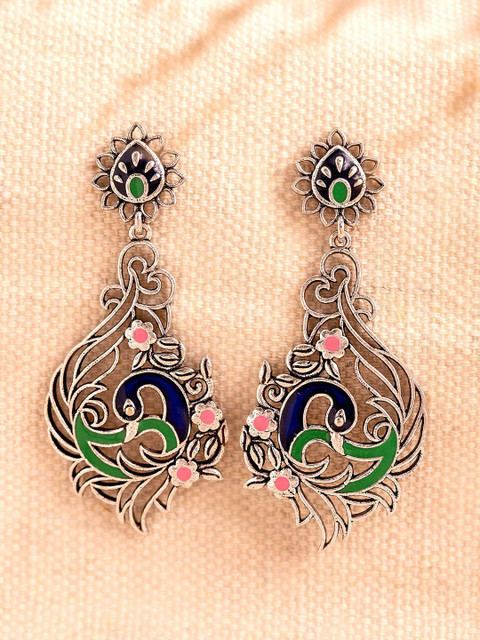 Voylla Silver-Plated Peacock Shaped Oxidised Drop Earrings