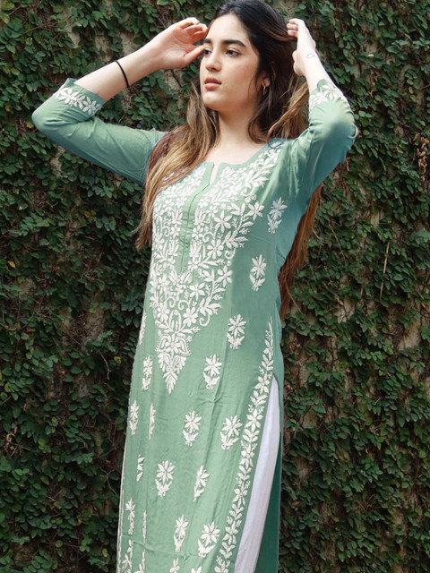 Anushansa Floral Embroidered Notch Neck Chikankari Straight Kurta - Image 6