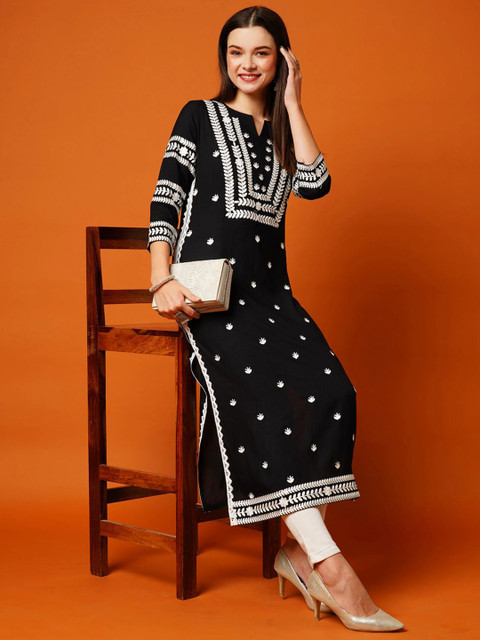 Anushansa Floral Embroidered Notch Neck Chikankari Straight Kurta
