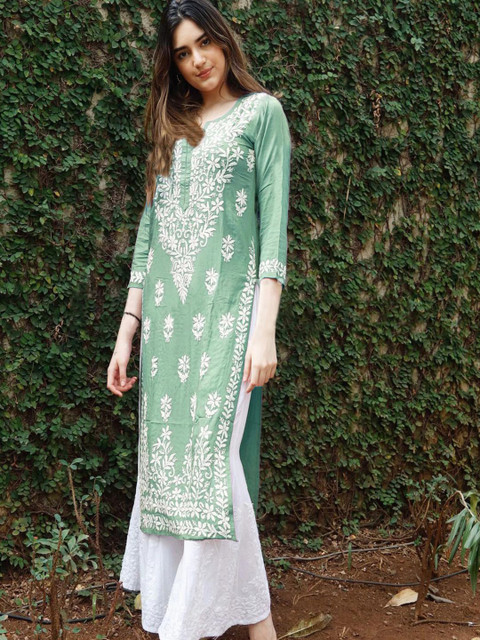 Anushansa Floral Embroidered Notch Neck Chikankari Straight Kurta
