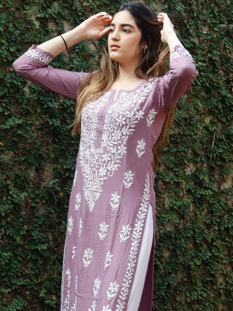 Anushansa Floral Embroidered Notch Neck Chikankari Straight Kurta - Image 6