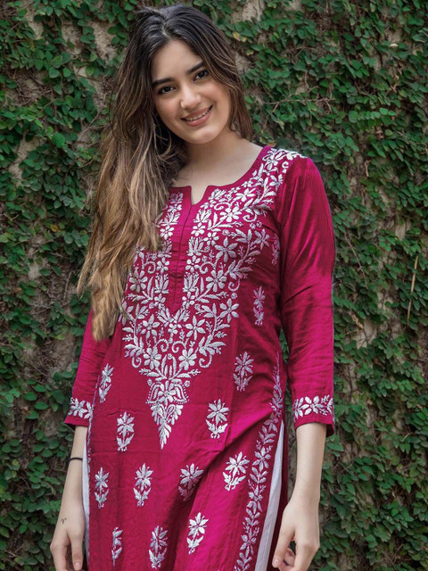 Anushansa Floral Embroidered Notch Neck Chikankari Straight Kurta - Image 2