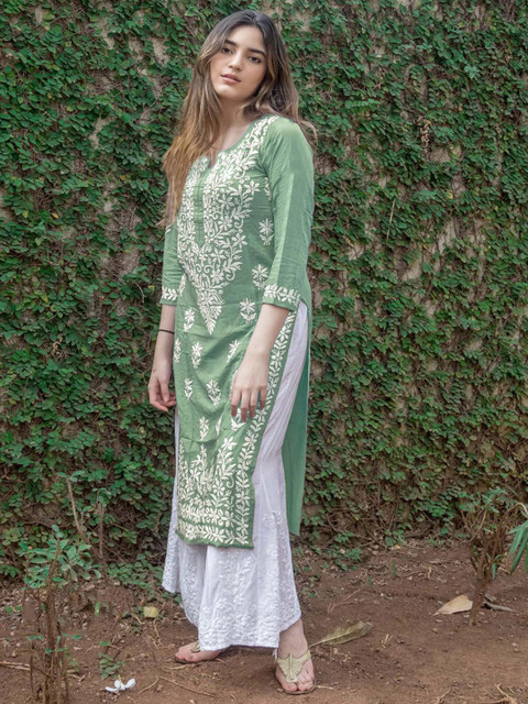 Anushansa Floral Embroidered Notch Neck Chikankari Straight Kurta - Image 3