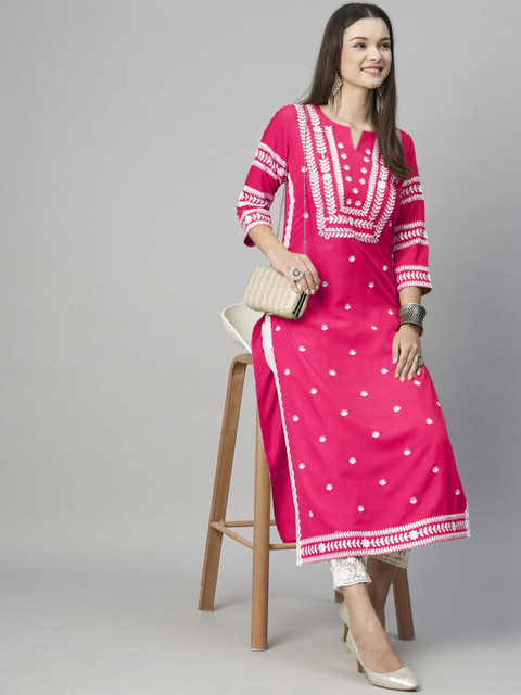 Anushansa Floral Embroidered Notch Neck Chikankari Straight Kurta