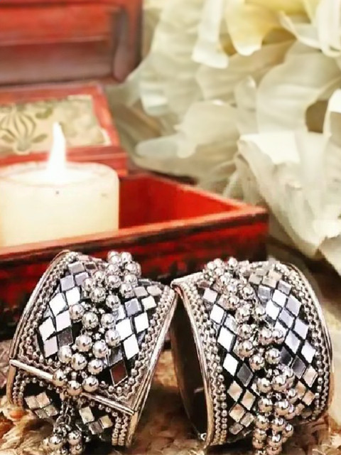 Sangria Set Of 2 Silver-Plated Kundan Beaded Cuff Bracelets