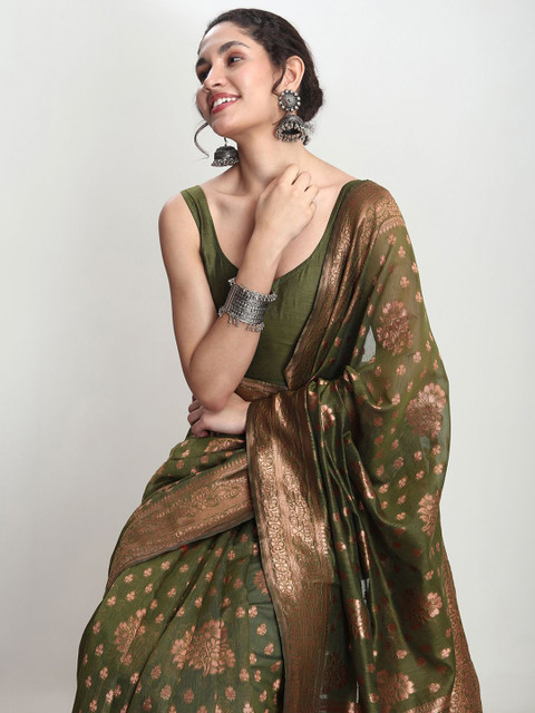 Janasya Women Green Silk Blend Floral Woven Design Jacquard Saree