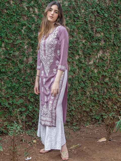 Anushansa Floral Embroidered Notch Neck Chikankari Straight Kurta - Image 3