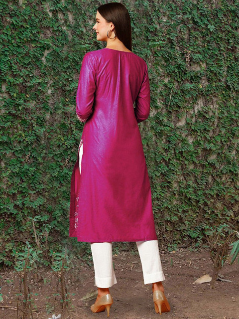 Anushansa Floral Embroidered Notch Neck Chikankari Straight Kurta - Image 4