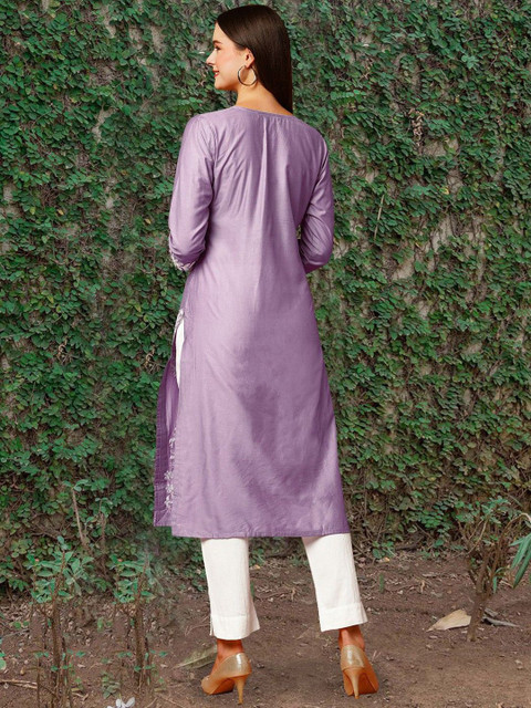 Anushansa Floral Embroidered Notch Neck Chikankari Straight Kurta - Image 4