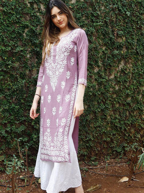 Anushansa Floral Embroidered Notch Neck Chikankari Straight Kurta