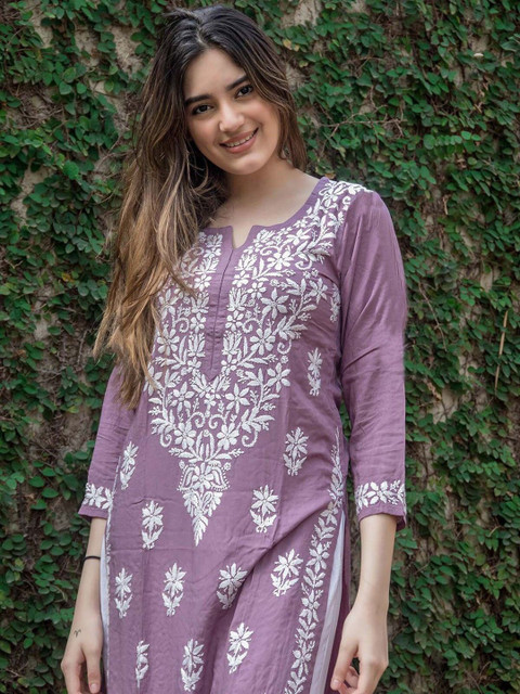 Anushansa Floral Embroidered Notch Neck Chikankari Straight Kurta - Image 2