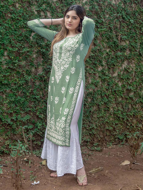 Anushansa Floral Embroidered Notch Neck Chikankari Straight Kurta - Image 5