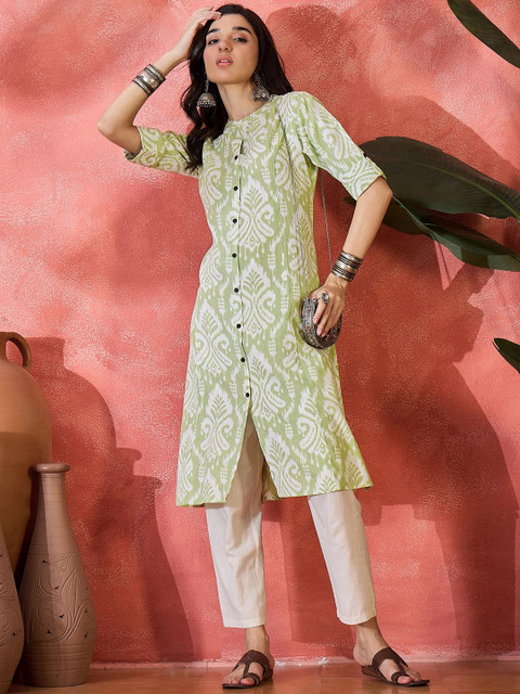 Sangria Women Ethnic Motifs Printed Mandarin Collar Pure Cotton A-Line Kurta - Image 5