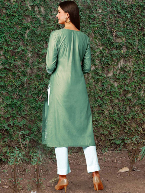 Anushansa Floral Embroidered Notch Neck Chikankari Straight Kurta - Image 4