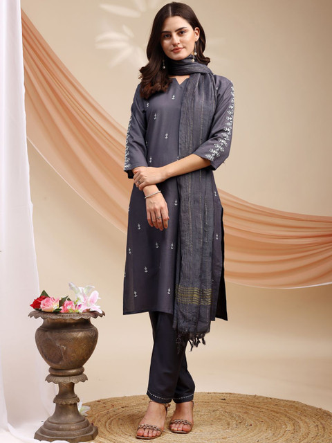 ARADHNA Floral Embroidered Thread Work Straight Kurta With Trousers & Dupatta