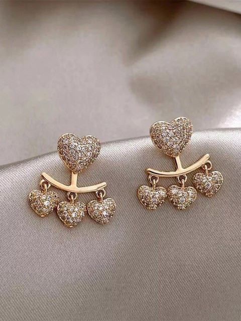DressBerry Korean Gold-Plated Cubic Zirconia Studded Heart Shaped Drop Earrings