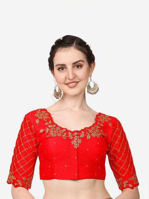 HERE&NOW Embroidered Silk Round Neck Saree Blouse