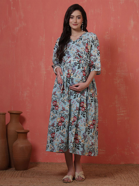 Nayo Women Floral Printed Maternity Cotton Maxi Dress