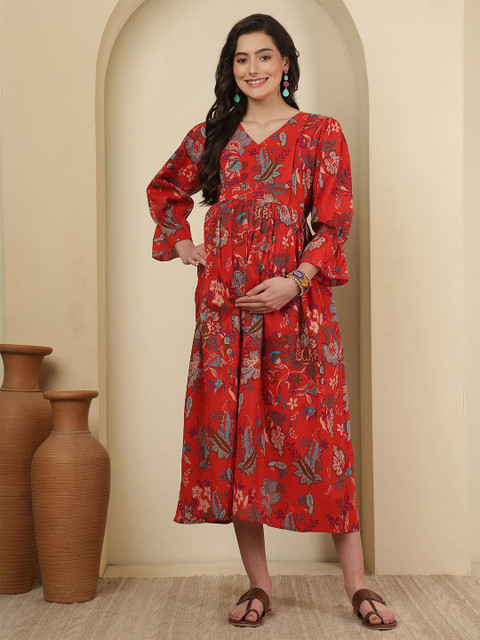 Nayo Women Floral Printed Tie-Ups Maternity Cotton Maxi Dress