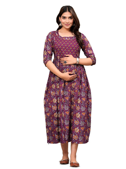 ANUOM Women Floral Printed Maternity Cotton Fit and Flare Midi Dress
