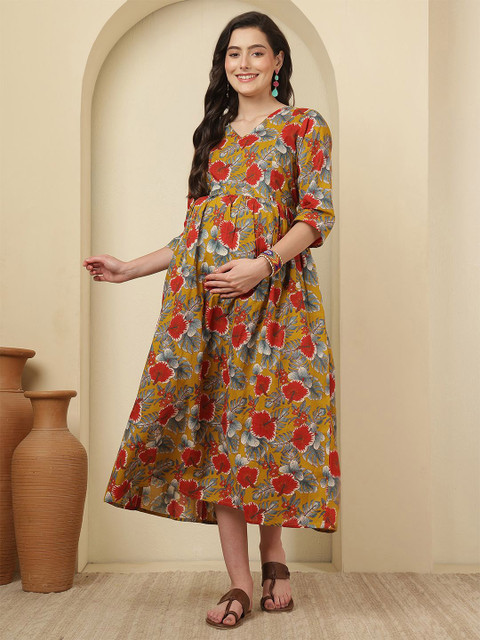 Nayo Women Floral Print Maternity Maxi Dress