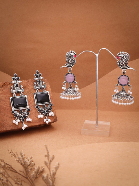 Sangria Set Of 2 Silver-Plated Stones Studded and Beads Beaded Contemporary Drop Earrings