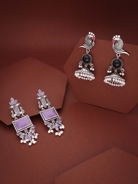 Sangria Set Of 2 Silver-Plated Stones Studded and Beads Beaded Contemporary Drop Earrings