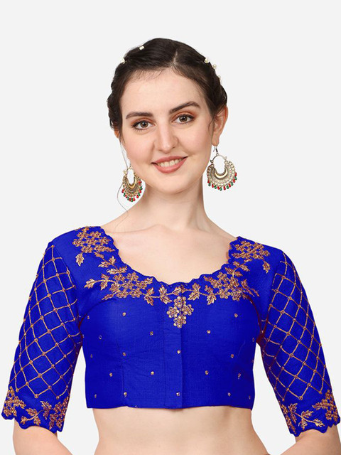 HERE&NOW Embroidered Silk Round Neck Saree Blouse