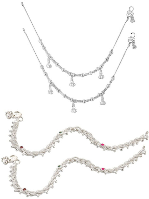 Heer Collection Set Of 2 Silver-Plated Ghungroo Beaded Anklets