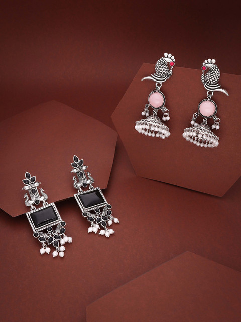 Sangria Set Of 2 Silver-Plated Stones Studded and Beads Beaded Contemporary Drop Earrings