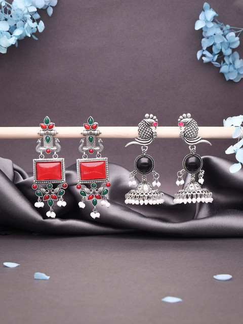 Sangria Set Of 2 Silver-Plated Stones Studded and Beads Beaded Contemporary Drop Earrings