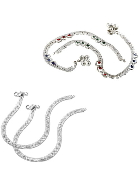 Heer Collection Set Of 2 Silver-Plated Ghungroo Beaded Anklets