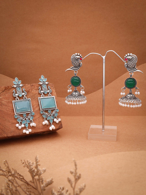 Sangria Set Of 2 Silver-Plated Stones Studded & Beaded Peacock Shaped Drop Earrings