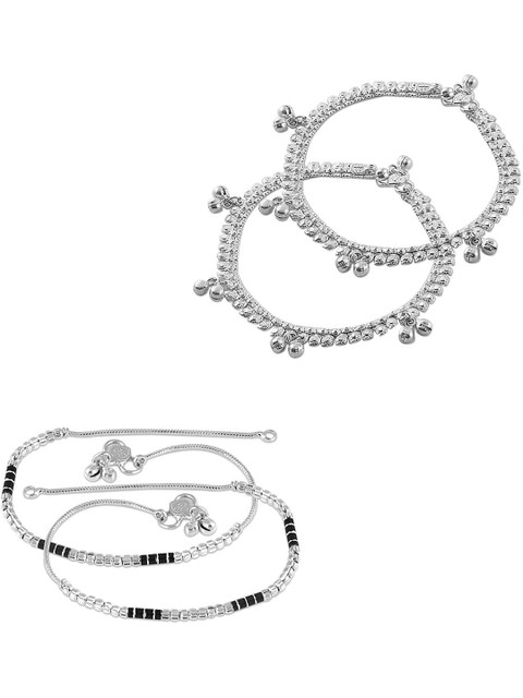 Heer Collection Set Of 2 Silver-Plated Ghungroo Beaded Anklets