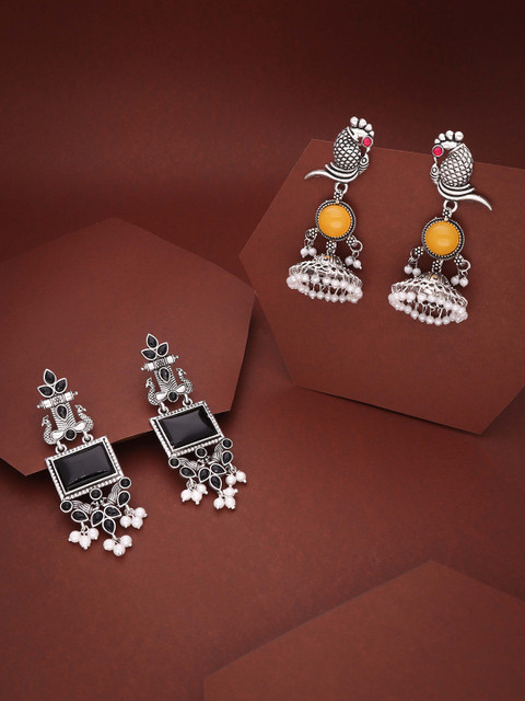 Sangria Set Of 2 Silver-Plated Stones Studded and Beads Beaded Contemporary Drop Earrings